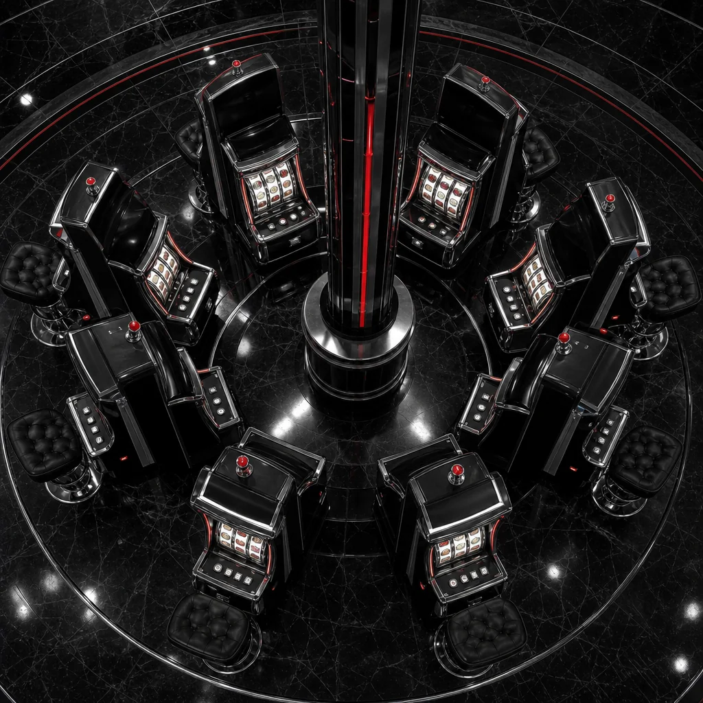 Premium slot machine reels glowing in dim casino light