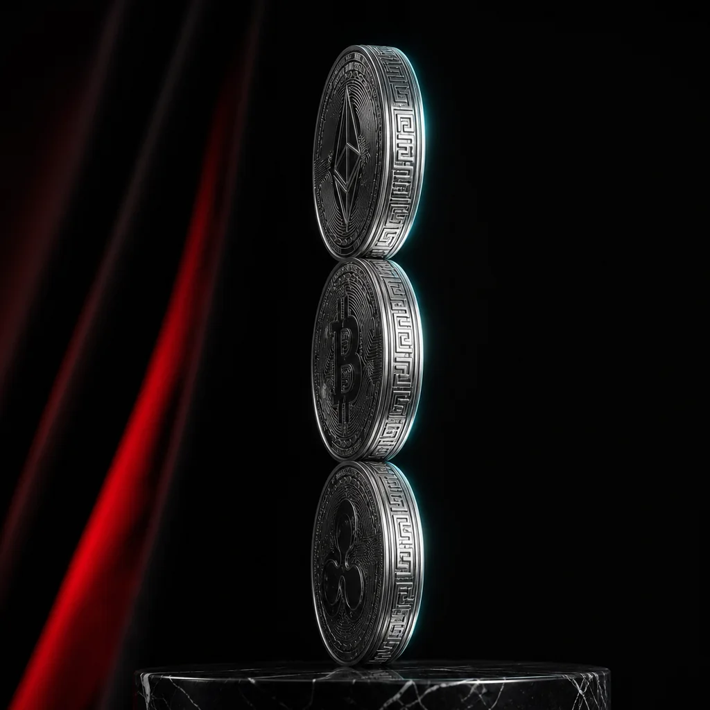 Stacked crypto coins in geometric noir composition