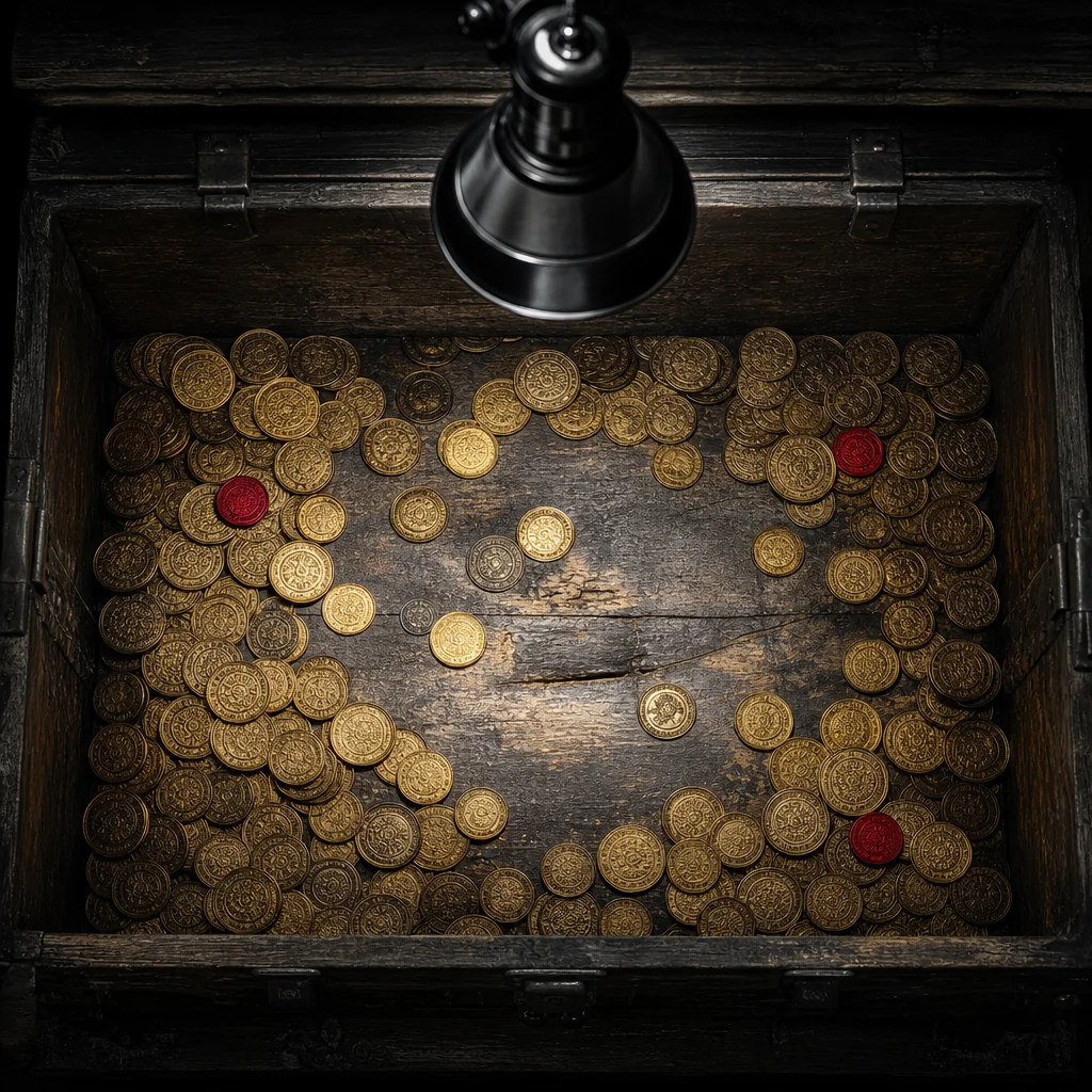 Gold coins cascading over polished black surface